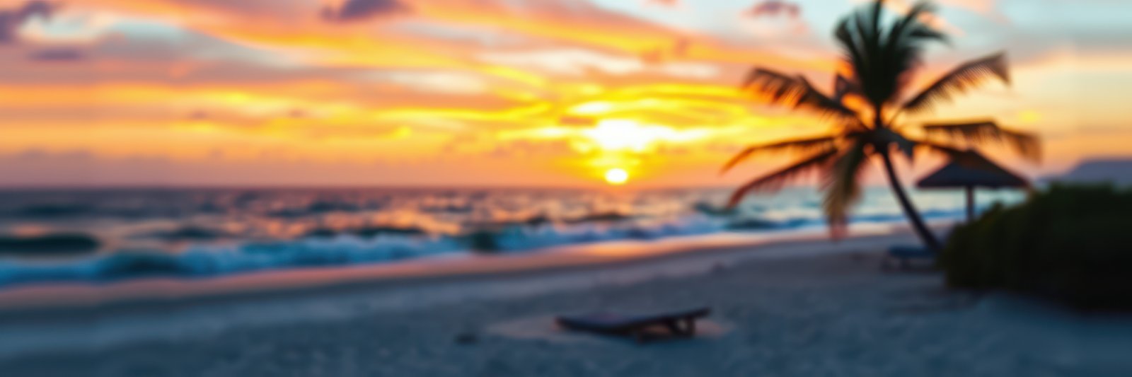 Sunset over the beach with palm trees and gentle waves at a tropical location